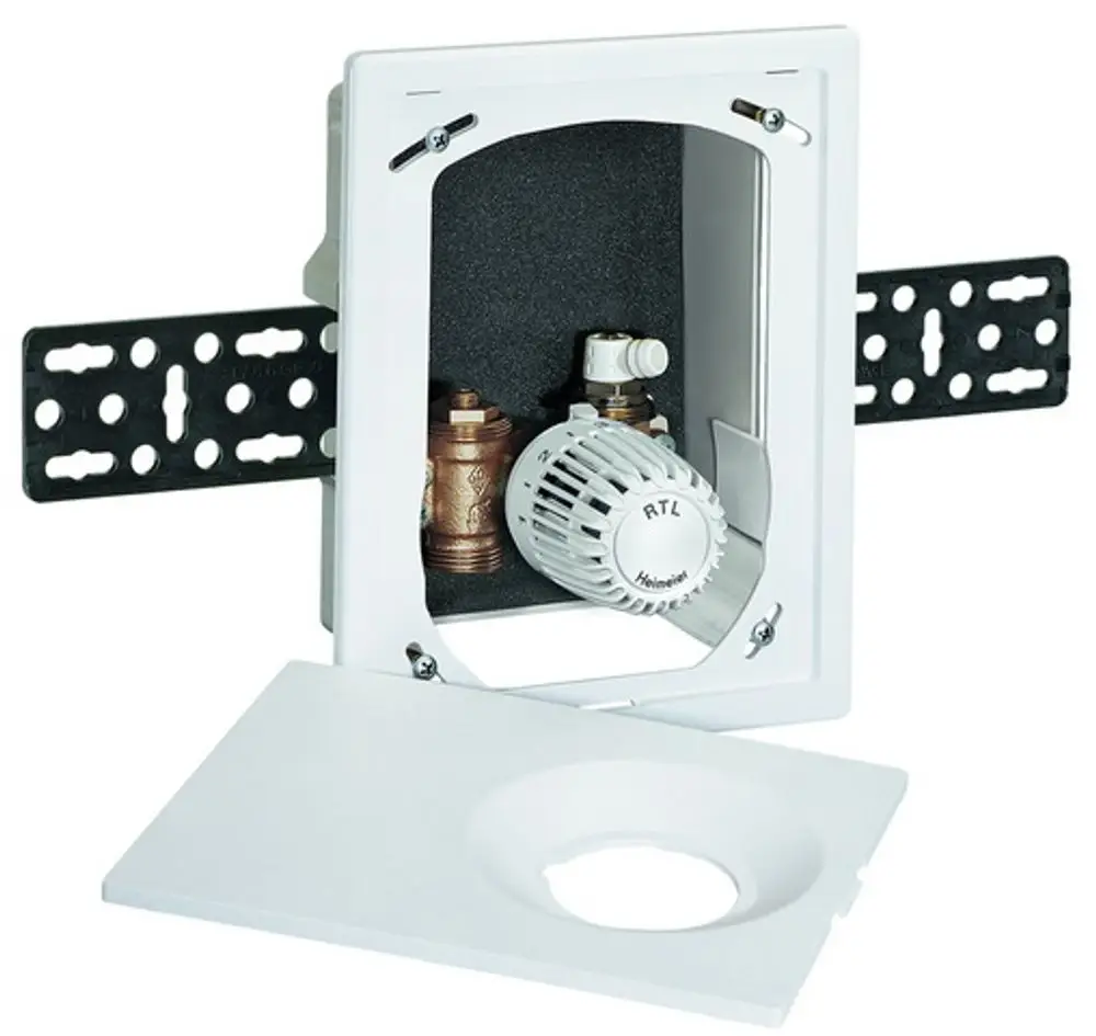 Multibox mit Heizkörperthermostat und Anschlüssen von IMI Hydronic Engineering, in weißem Gehäuse, zur wandmontierten Installation geeignet.
